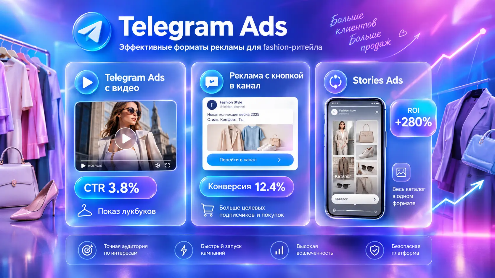 Сравнение форматов рекламы одежды в Telegram Ads