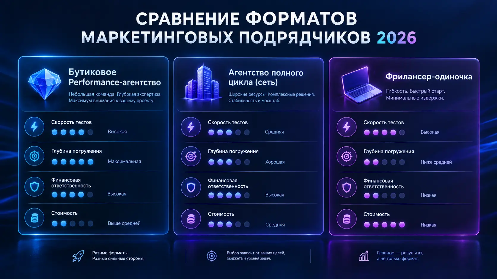 Сравнение форматов работы с маркетинговыми агентствами и фрилансерами