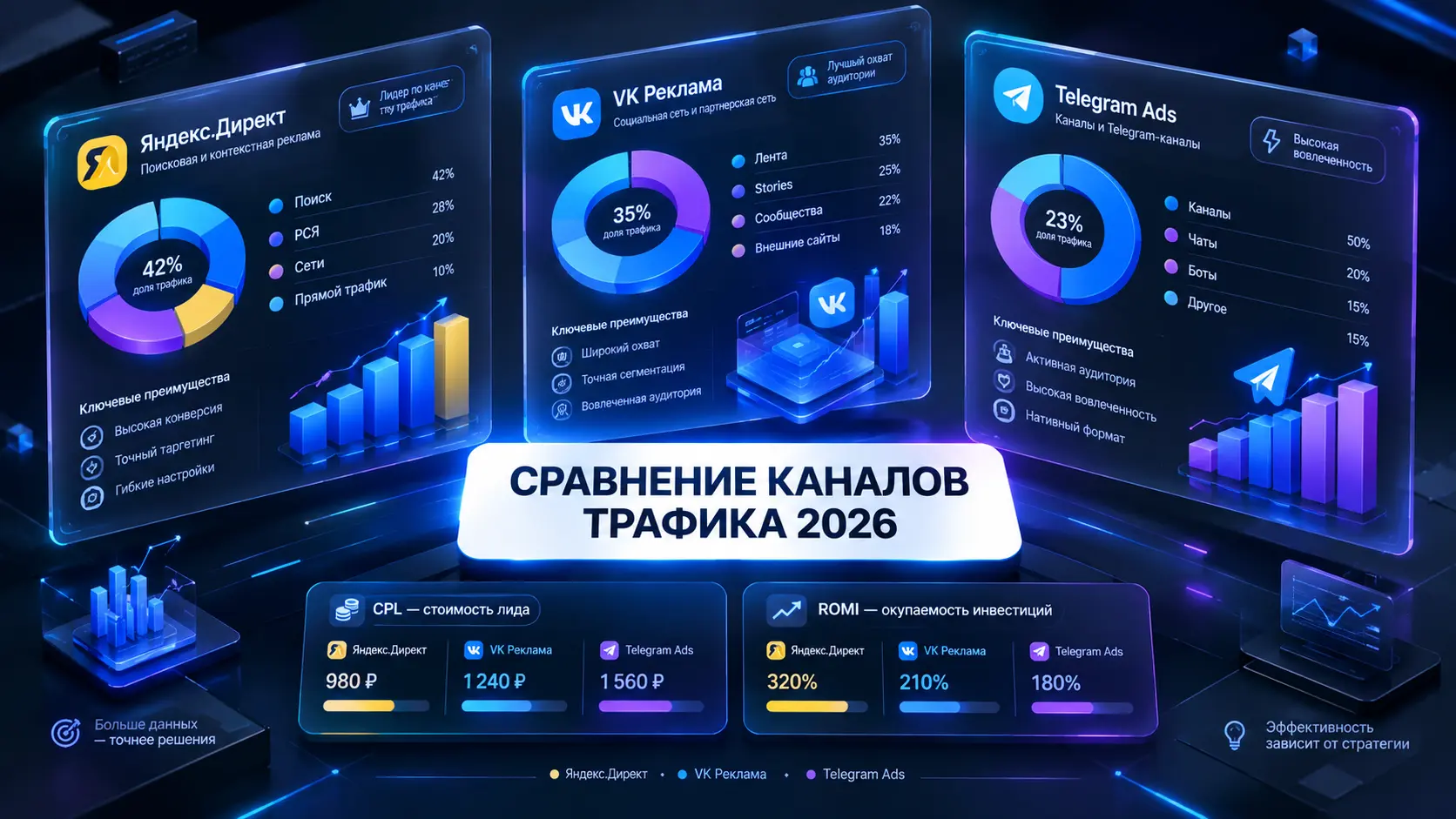 Яндекс.Директ vs VK Реклама vs TG Ads: какой канал выбрать для вашего сегмента бизнеса